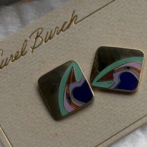 Laurel Burch Tocan Parrot Square Earrings Vintage  80s